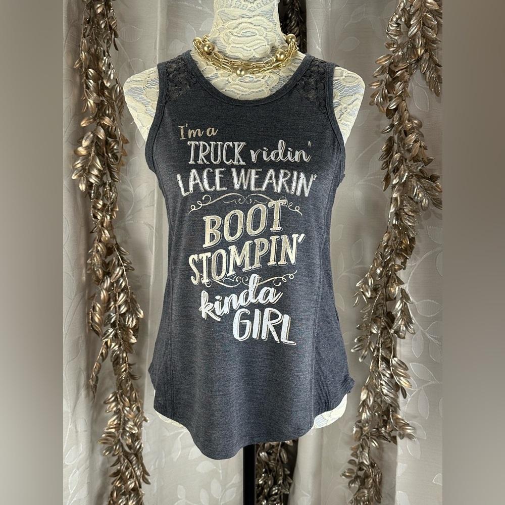 Maurices‎ Women’s Small Gray Lace Trim Graphic Tank Top Country Concert Vibe